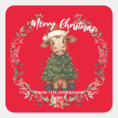 Schattige vrolijke Koe Kerstboom kalf os Xmas patr Vierkante Sticker (Voorkant)