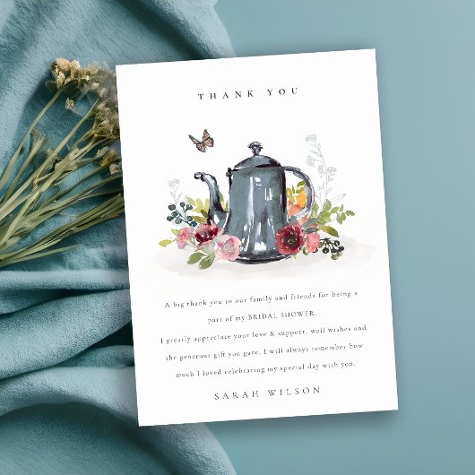 Schattige vrolijke rozen bloem theepot bruidsdouch bedankkaart