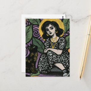 Schattige vrouw zittend met haar kat briefkaart