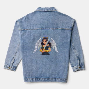 Schattige vrouwelijke engel met open vleugels en z denim jacket