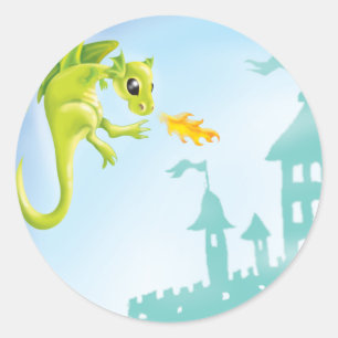 schattige vurige draak en kasteel scène ronde sticker