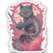 Schattige Vuurspatende Zwarte Ninja Kat Krijger Sticker (Voorkant)