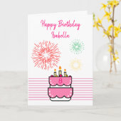 Schattige vuurwerk en taart Roze Meisje 8e Verjaar Kaart (Gele Bloem)