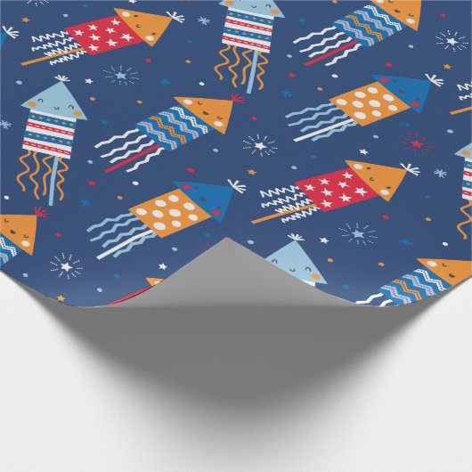 Schattige vuurwerk rood blauw wit sinaasappel cadeaupapier (Hoek)