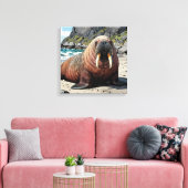 Schattige Walrus op een Zandstrand  Canvas Afdruk (Insitu (Woonkamer))