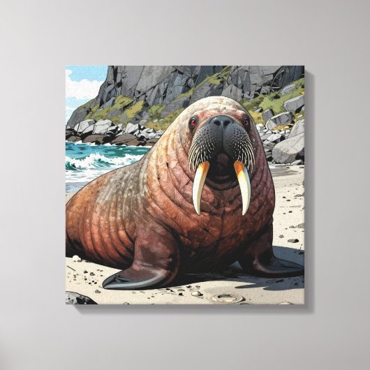 Schattige Walrus op een Zandstrand  Canvas Afdruk (Voorkant)