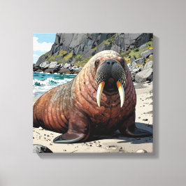 Schattige Walrus op een Zandstrand Canvas Afdruk