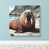 Schattige Walrus op een Zandstrand Canvas Afdruk (Insitu (Houten vloer))