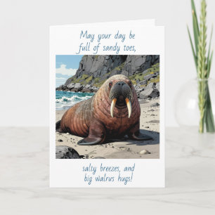 Schattige Walrus op een Zandstrand Denkend aan J Kaart