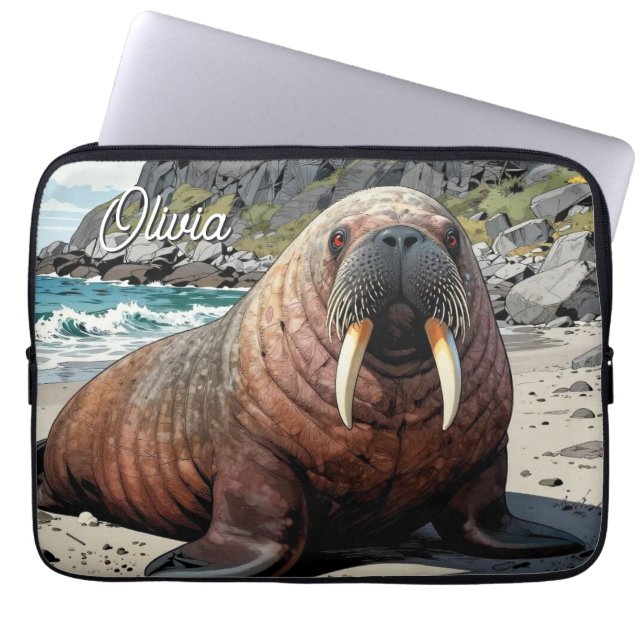 Schattige Walrus op een Zandstrand  Laptop Sleeve (Voorkant)
