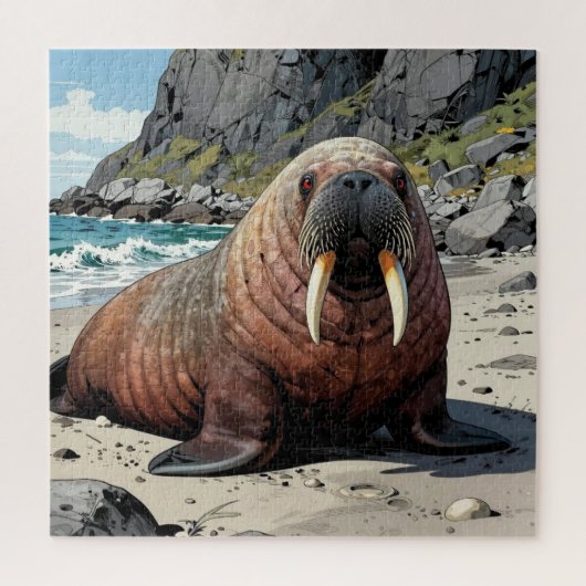 Schattige Walrus op een Zandstrand Legpuzzel (Verticaal)