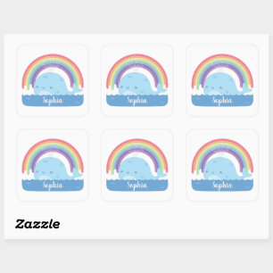 Schattige Walvis en Regenboog, Kleurrijke Kinderna Vierkante Sticker