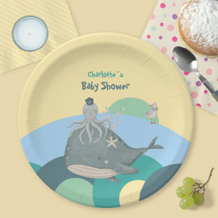 Schattige Walvis Inktvis Geel Baby Shower Met Naam Papieren Bordje