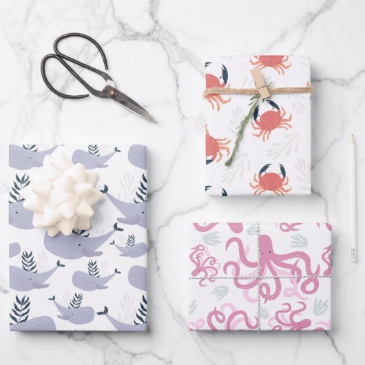 Schattige Walvis Krab Octopus Nautilus Inpakpapier Vel (Voorkant)