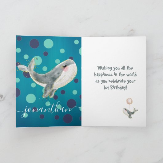 schattige walvisjongen 1-jarig kaart (Binnen)