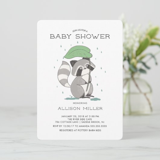 Schattige wasbeer Baby shower uitnodiging (Staand voorkant)