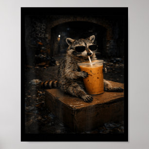Schattige wasbeer drinkt ijskoude koffie grappig poster
