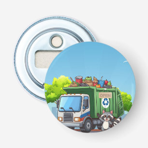 Schattige wasbeer en "eten" vrachtwagen button flesopener