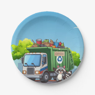 Schattige wasbeer en 'eten' vrachtwagen papieren bordje