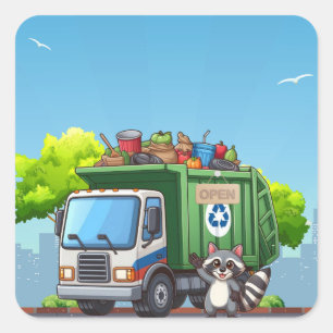 Schattige wasbeer en "eten" vrachtwagen vierkante sticker