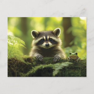 Schattige Wasbeer en Kikker Peeking Over Mossy Log Briefkaart