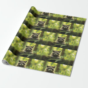 Schattige Wasbeer en Kikker Peeking Over Mossy Log Cadeaupapier