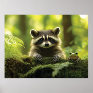 Schattige Wasbeer en Kikker Peeking Over Mossy Log Poster