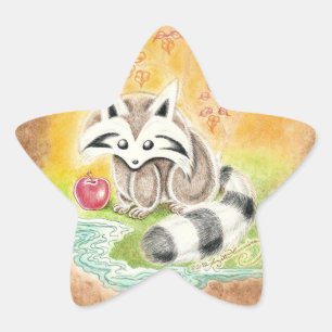 Schattige wasbeer met rode appel bij vijver ster sticker