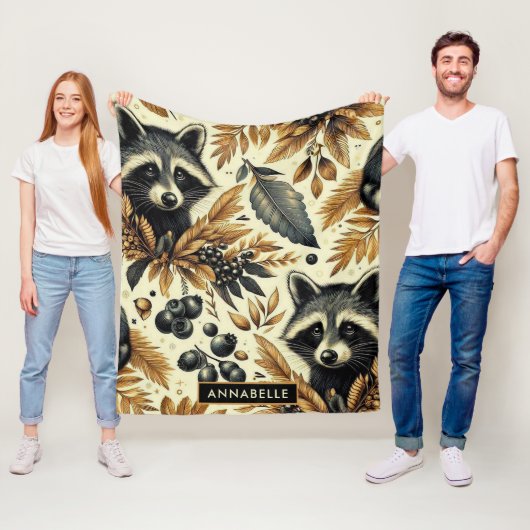 Schattige  wasbeerpatroon fleece deken (In situ)