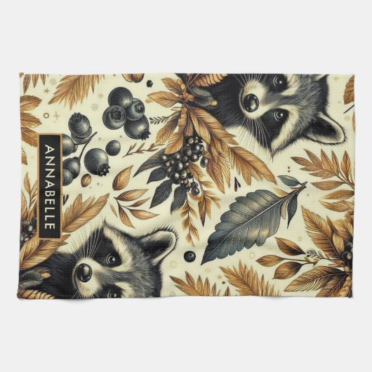Schattige  wasbeerpatroon theedoek (Horizontaal)