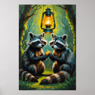 Schattige wasberen die lantaarn vasthouden Fantasi Poster