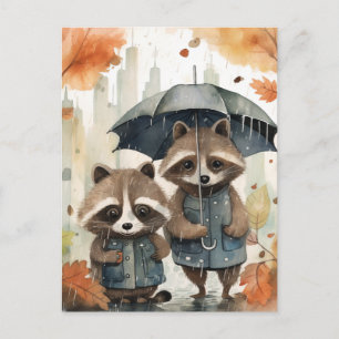 Schattige wasberen in de regen briefkaart