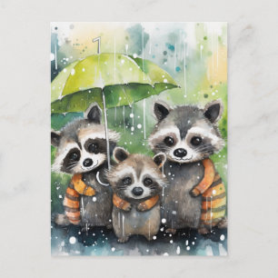 Schattige wasberen in de regen briefkaart