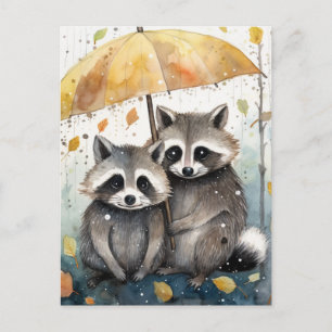 Schattige wasberen in de regen briefkaart
