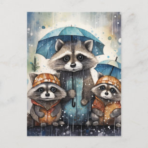 Schattige wasberen in de regen briefkaart