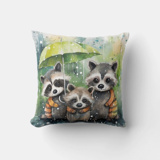 Schattige wasberen in de regen kussen (Voorkant)