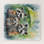 Schattige wasberen in de regen legpuzzel (Horizontaal)