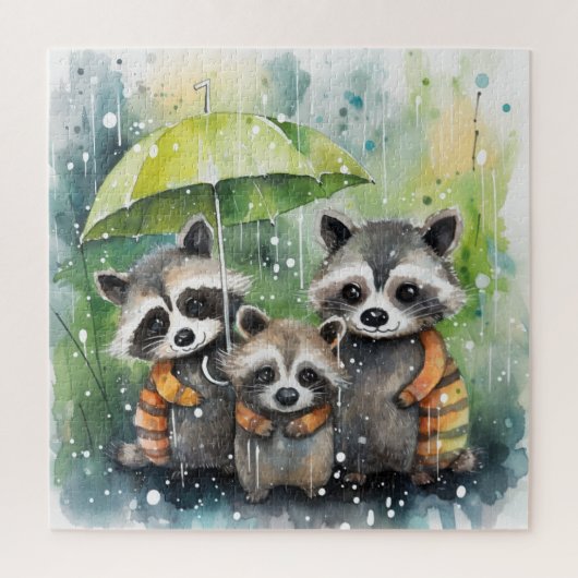 Schattige wasberen in de regen legpuzzel (Verticaal)