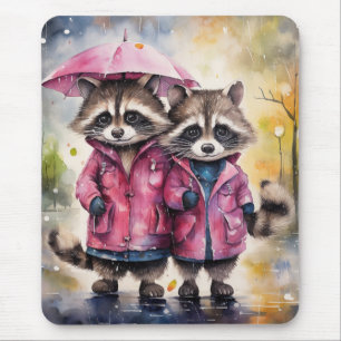 Schattige wasberen in de regen muismat