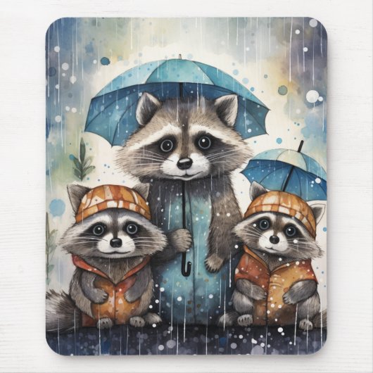 Schattige wasberen in de regen muismat (Voorkant)