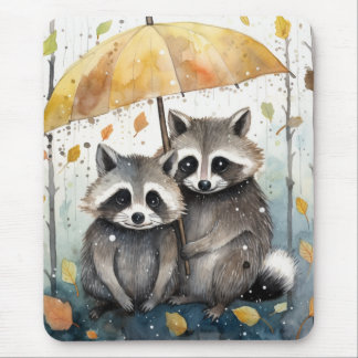 Schattige wasberen in de regen muismat