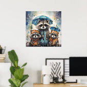 Schattige wasberen in de regen poster (Thuiskantoor)