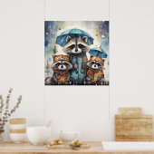Schattige wasberen in de regen poster (Keuken)