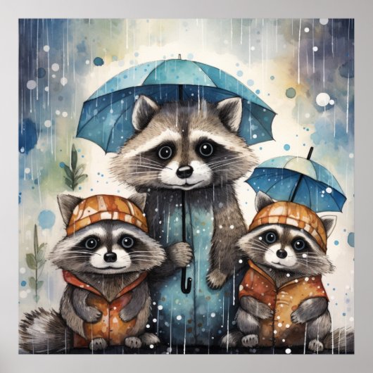 Schattige wasberen in de regen poster (Voorkant)