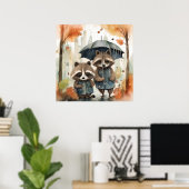 Schattige wasberen in de regen poster (Thuiskantoor)