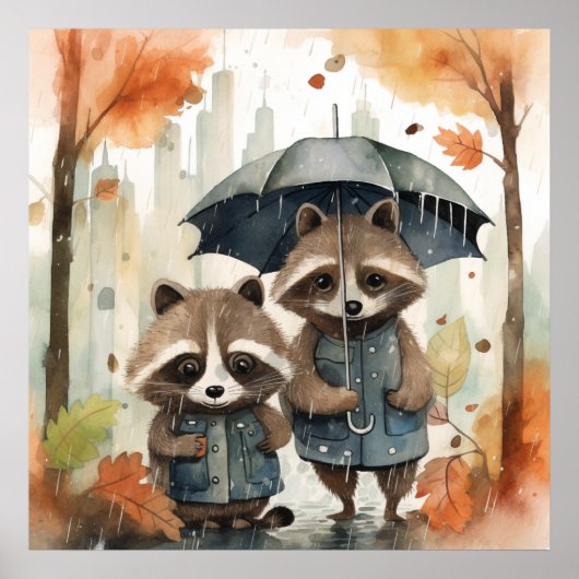 Schattige wasberen in de regen poster (Voorkant)