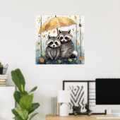 Schattige wasberen in de regen poster (Thuiskantoor)