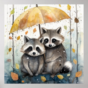 Schattige wasberen in de regen poster
