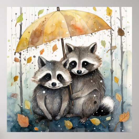 Schattige wasberen in de regen poster (Voorkant)