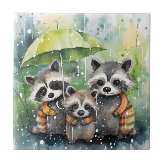 Schattige wasberen in de regen tegeltje (Voorkant)